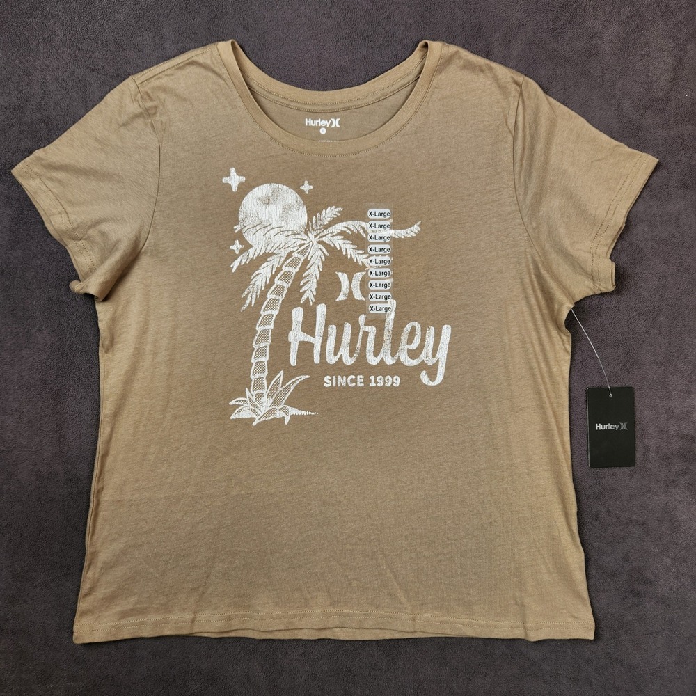 Hurley Tropic Nights Classic Tee Womens XL Olive Green Palm Tree Graphic T Shirt